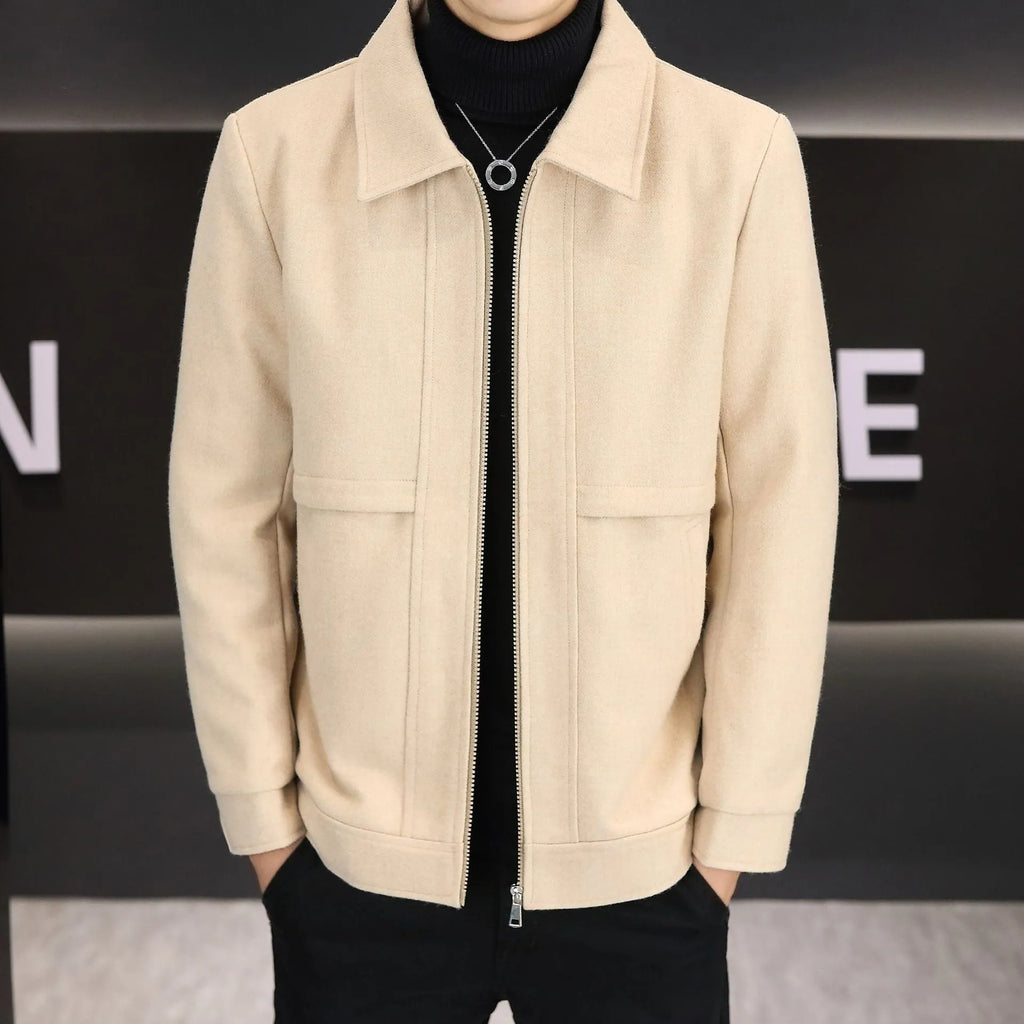 Men's casual jacket with polo collar in khaki colour showing side seam pockets