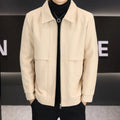 Men's casual jacket with polo collar in khaki colour showing side seam pockets