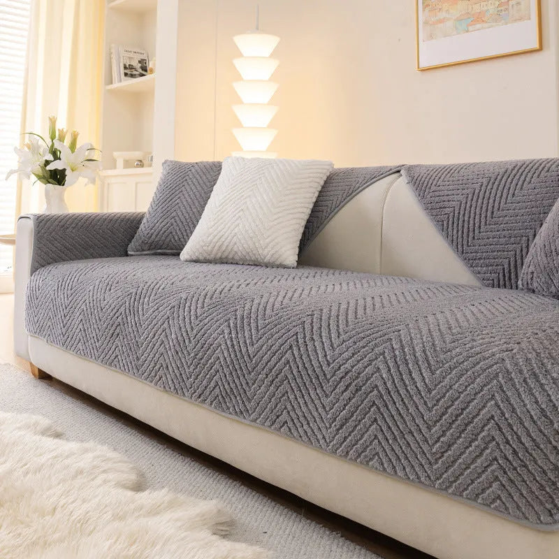 Solid colour plush sofa cover cloth in white khaki or grey, sizes 70x70cm to 110x240cm with matching pillowcase option