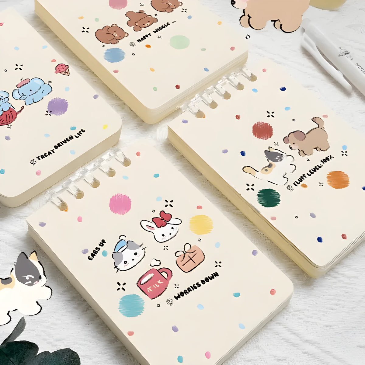 A7 small notebook 7.3x10.3cm with 80 sheets and 5-hole binding, shown in assorted colour styles.