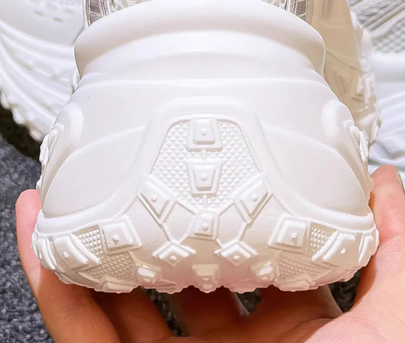 White women's lace-up dad shoes with height increasing insole for an 8cm+ heel boost