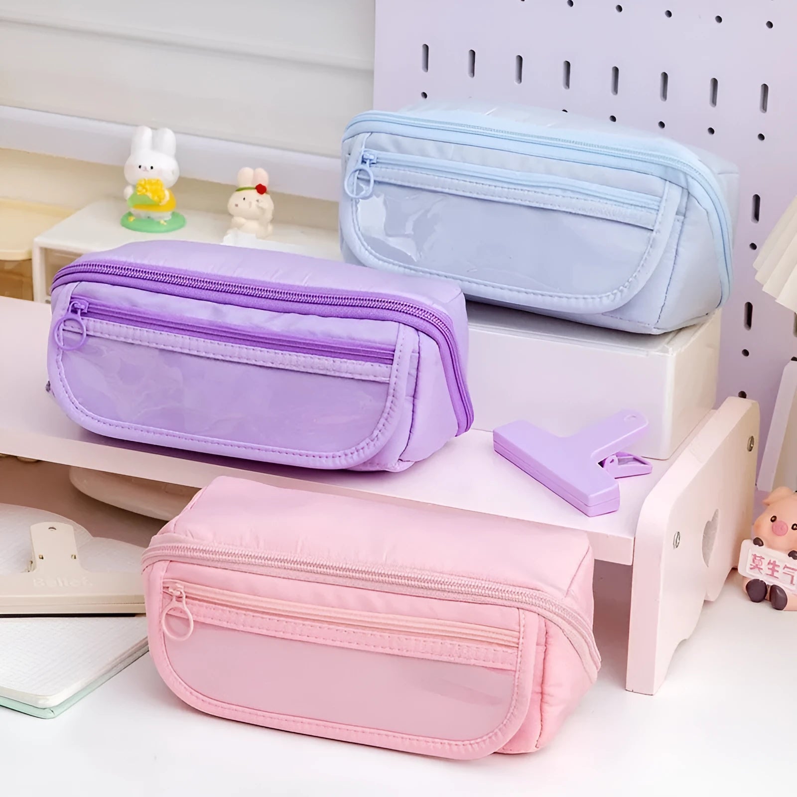 Korean style canvas pencil case with ten-layer flip design open to show multiple pen compartments.