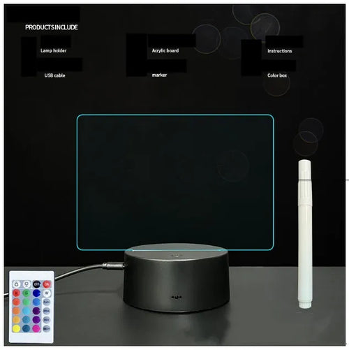 Black 3D acrylic LED night light and message board with stylus on a desktop