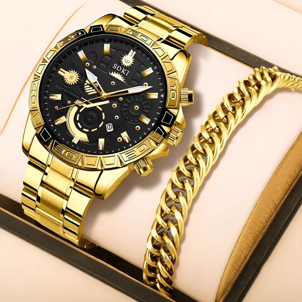 Men's gold stainless steel business quartz watch with calendar on steel bracelet