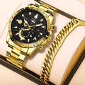 Men's gold stainless steel business quartz watch with calendar on steel bracelet