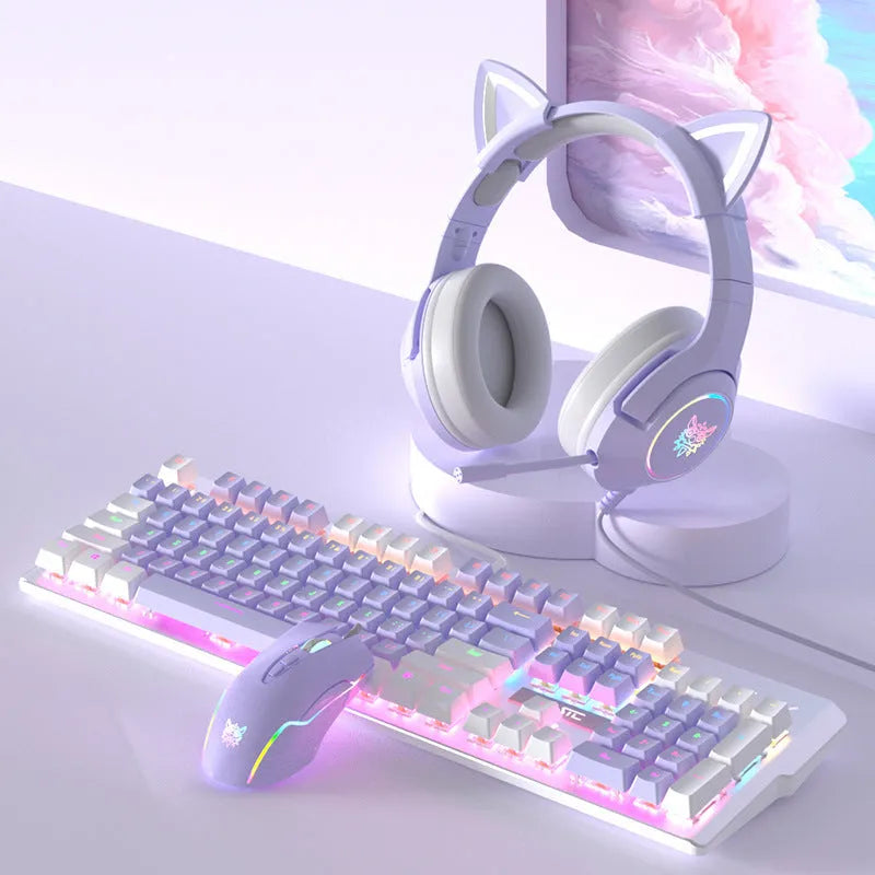 Purple and white mechanical keyboard and mouse gaming bundle with backlighting