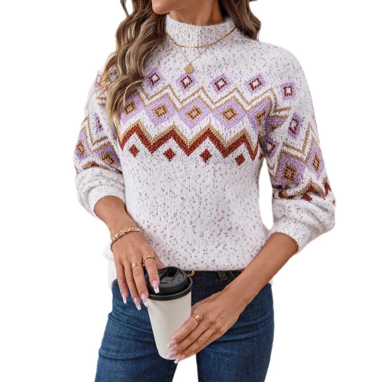 White geometric pattern half turtleneck sweater with loose fit and regular sleeves.
