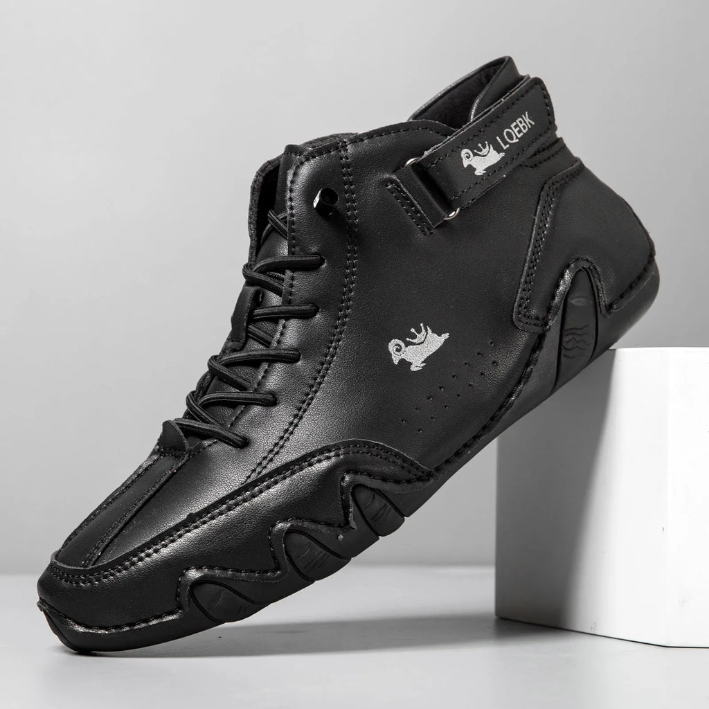 Men's brown high-top Octopus style Martin boots with flat rubber sole and microfiber upper