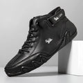 Men's brown high-top Octopus style Martin boots with flat rubber sole and microfiber upper