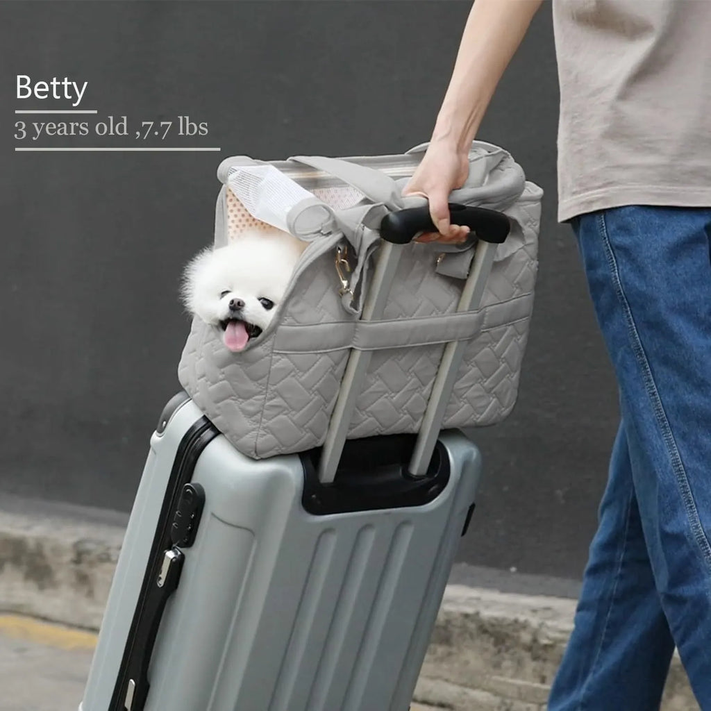Grey pet carrier handbag with mesh panels and a safety cord, shown next to a white version.
