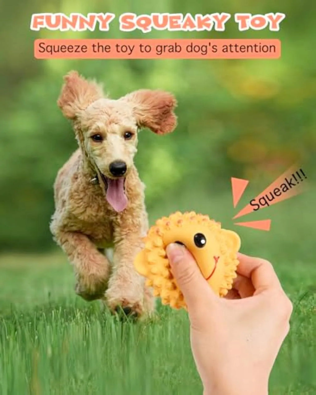 Orange and yellow spiky squeaky dog toy with animal design for small medium breeds