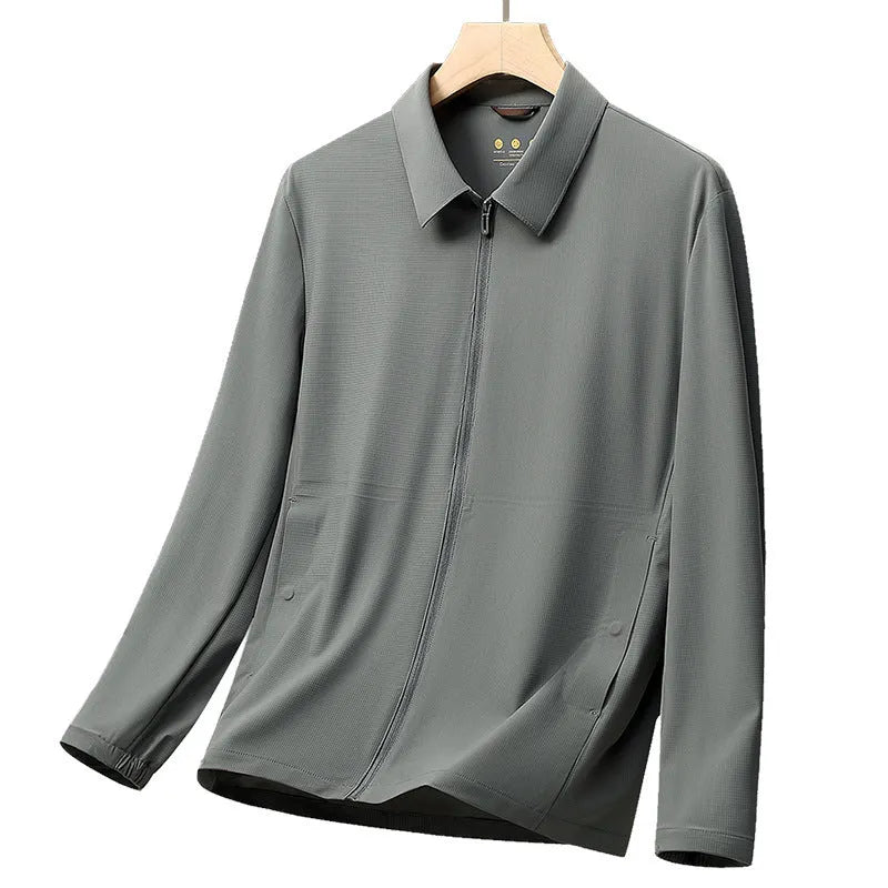 Men's navy blue business shirt with summer lapels made from ice silk polyamide fabric for office wear