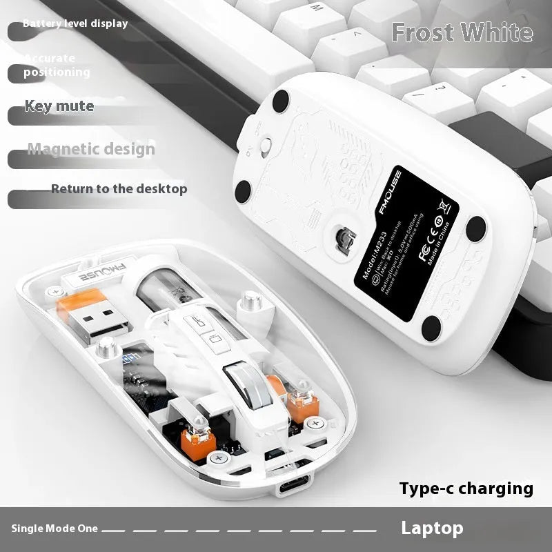 Transparent wireless computer mouse with USB connector showing internal components