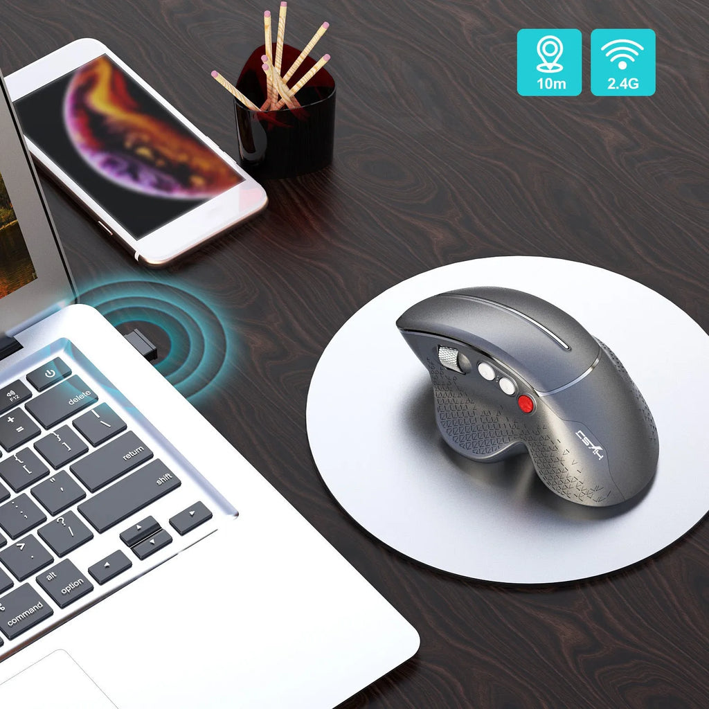 T32 Wireless Vertical Mouse in black or silver matte with aluminium side roller and USB receiver.
