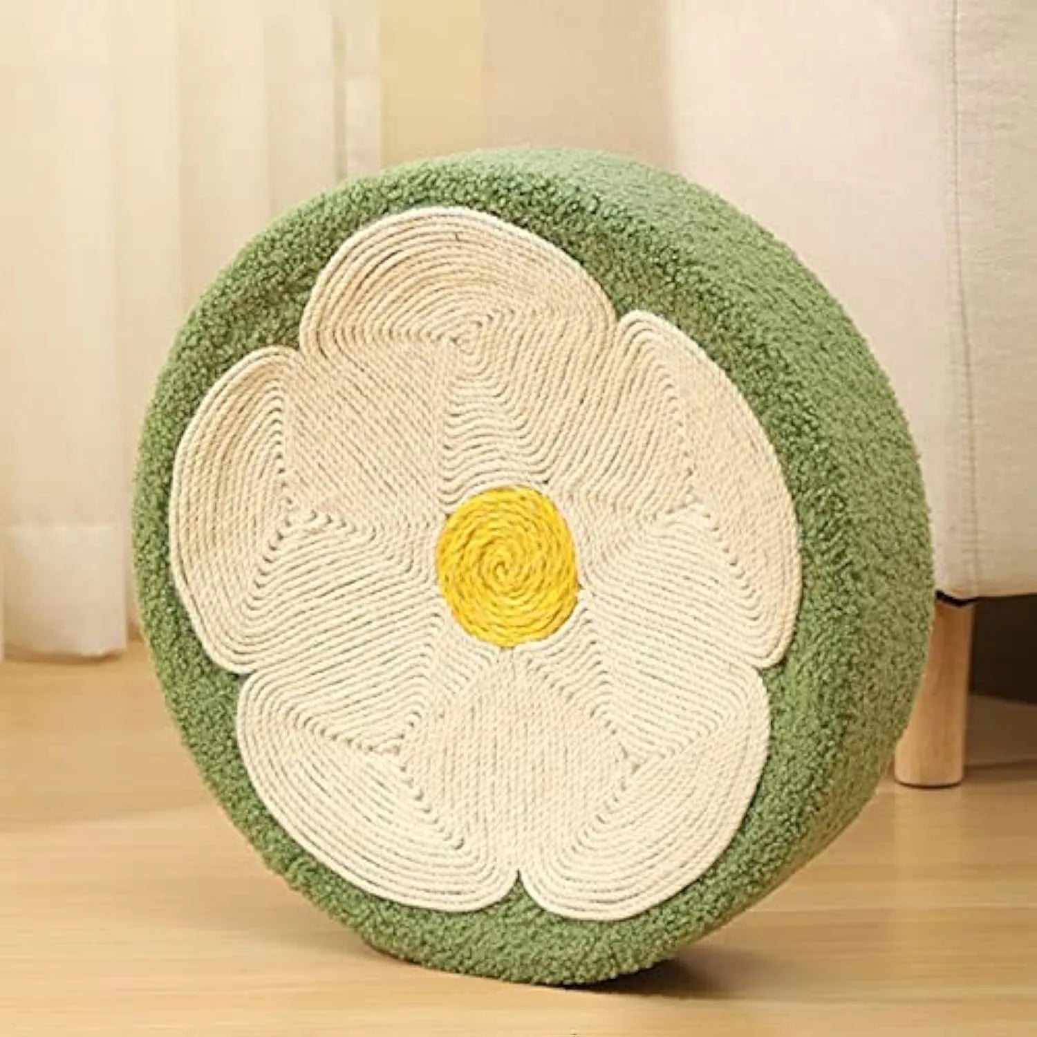 Green round sisal cat scratcher bowl serving as lounge bed with 39cm diameter