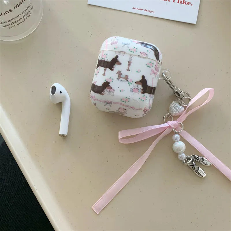 Floral sausage dog AirPods case cover in TPU soft shell with cartoon animal thermal transfer print
