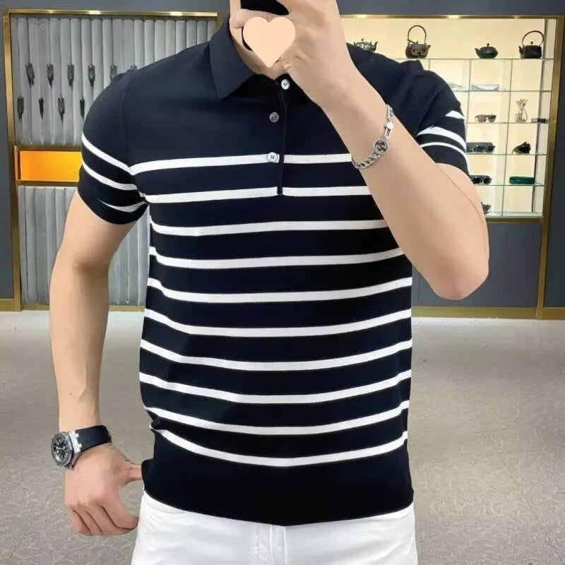 Striped lapel knitted t-shirt in black and white colours showing pullover design with youth popularity styling
