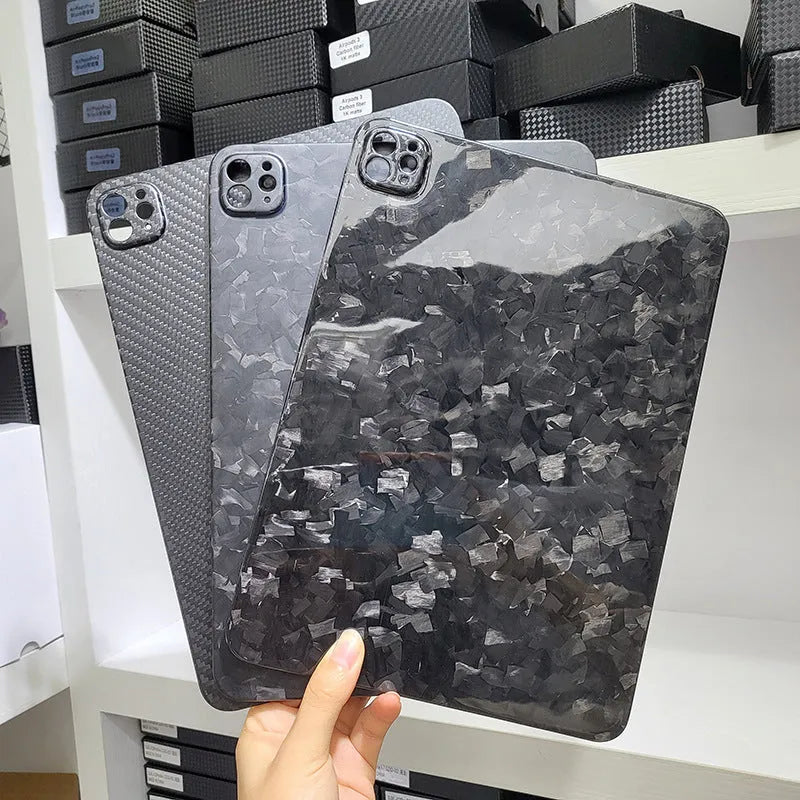 Apple iPad Pro 11 carbon fibre hard case with three finish options showing heat dissipation and drop protection