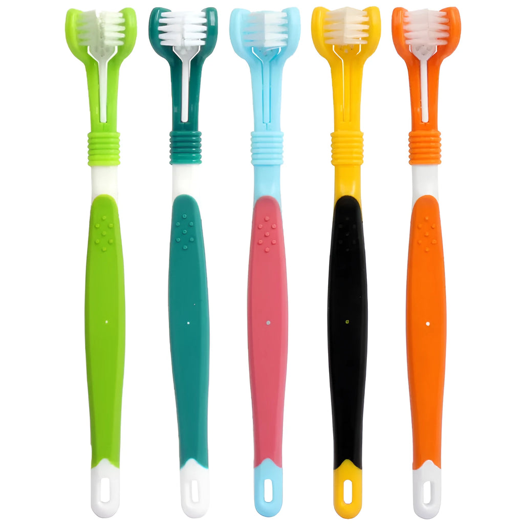Three-head plastic pet toothbrush for dogs in grass green colour for oral cleaning