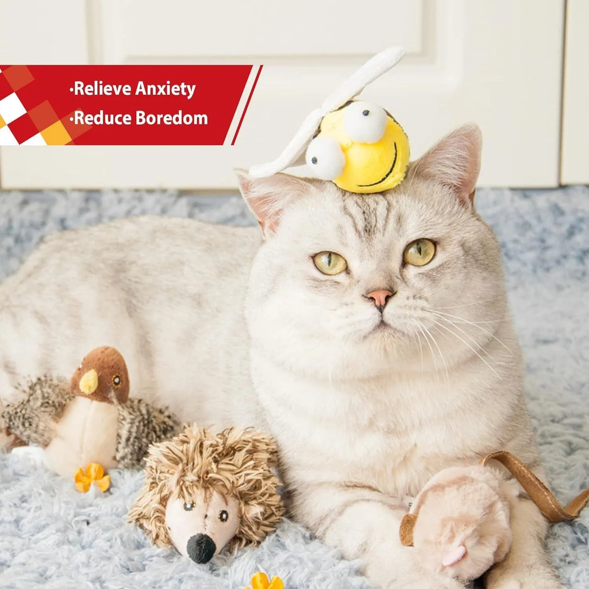 Yellow bee-shaped electronic cat toy with motion-activated squeaker for interactive play