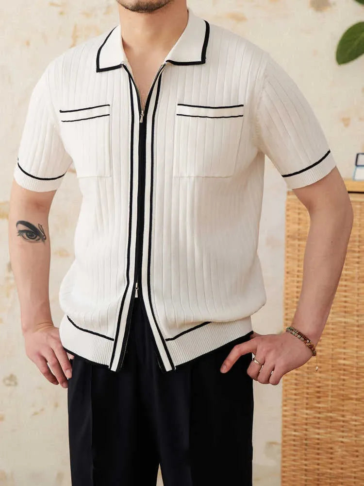 Slim-fit black lapel short-sleeved polo shirt on a hanger, showing collar detail.