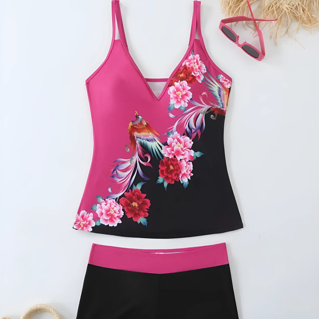 Women's plus size two-piece swimsuit in black or rose red, with briefs bottom.