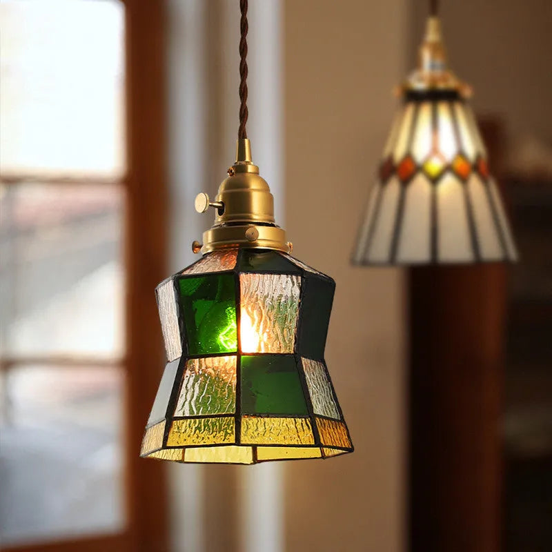 Japanese retro brass and glass chandelier with hand-blown shades and hemp rope cord