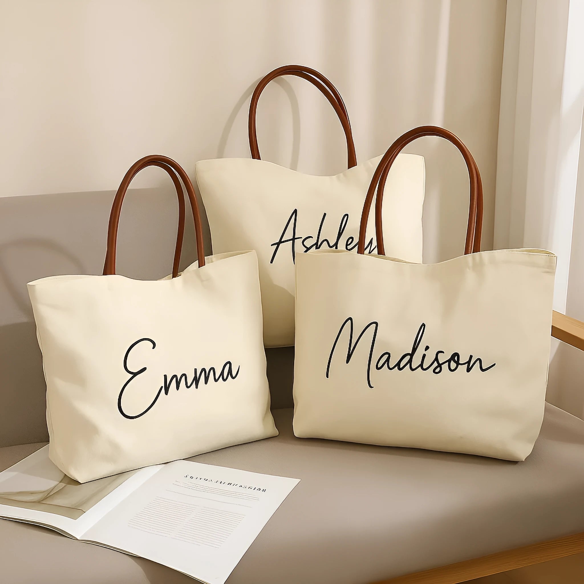 Heavy-duty natural cotton canvas tote bag with flat base and long handles in beige white colour.