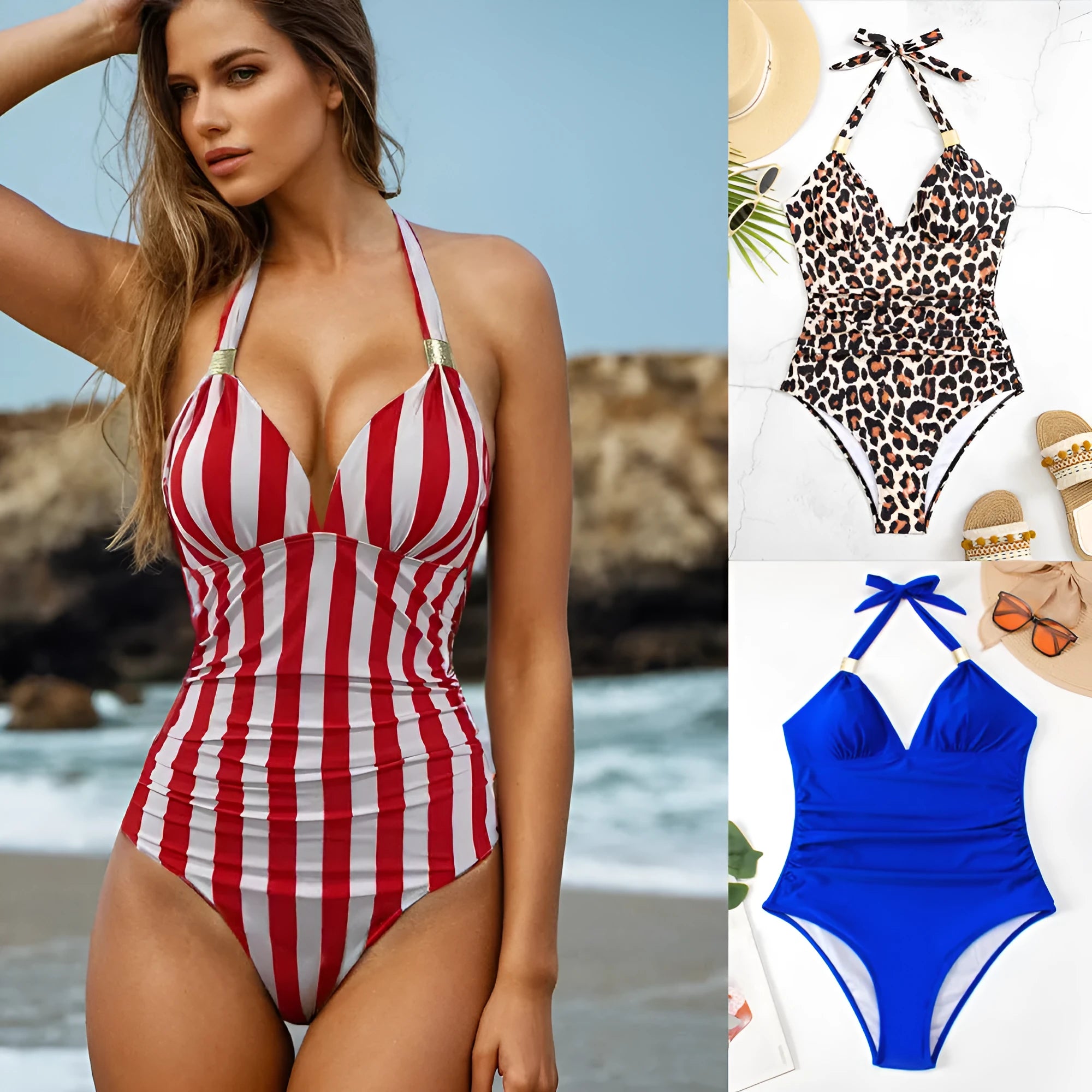 Women's conservative quick-dry swimsuit in leopard print pattern showing front design.