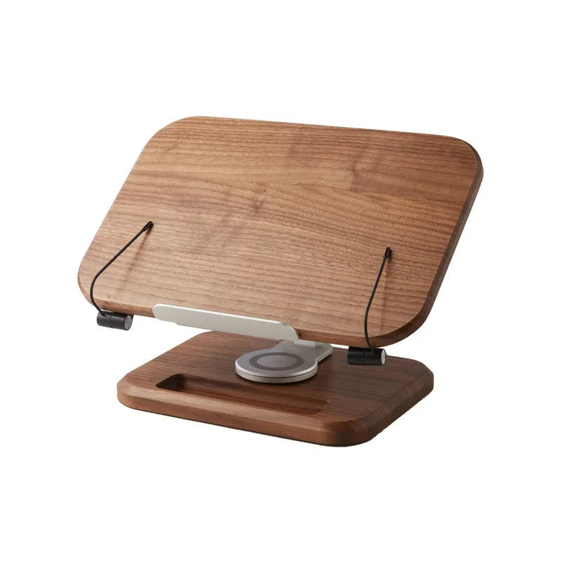 Solid wood adjustable reading rack in walnut colour holding a book at an angle.