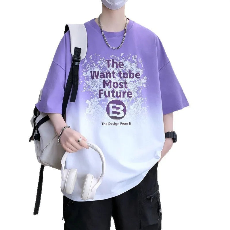 Boys youth printed T-shirt in dark blue, short sleeve, drop shoulder, cotton blend, sizes M-3XL