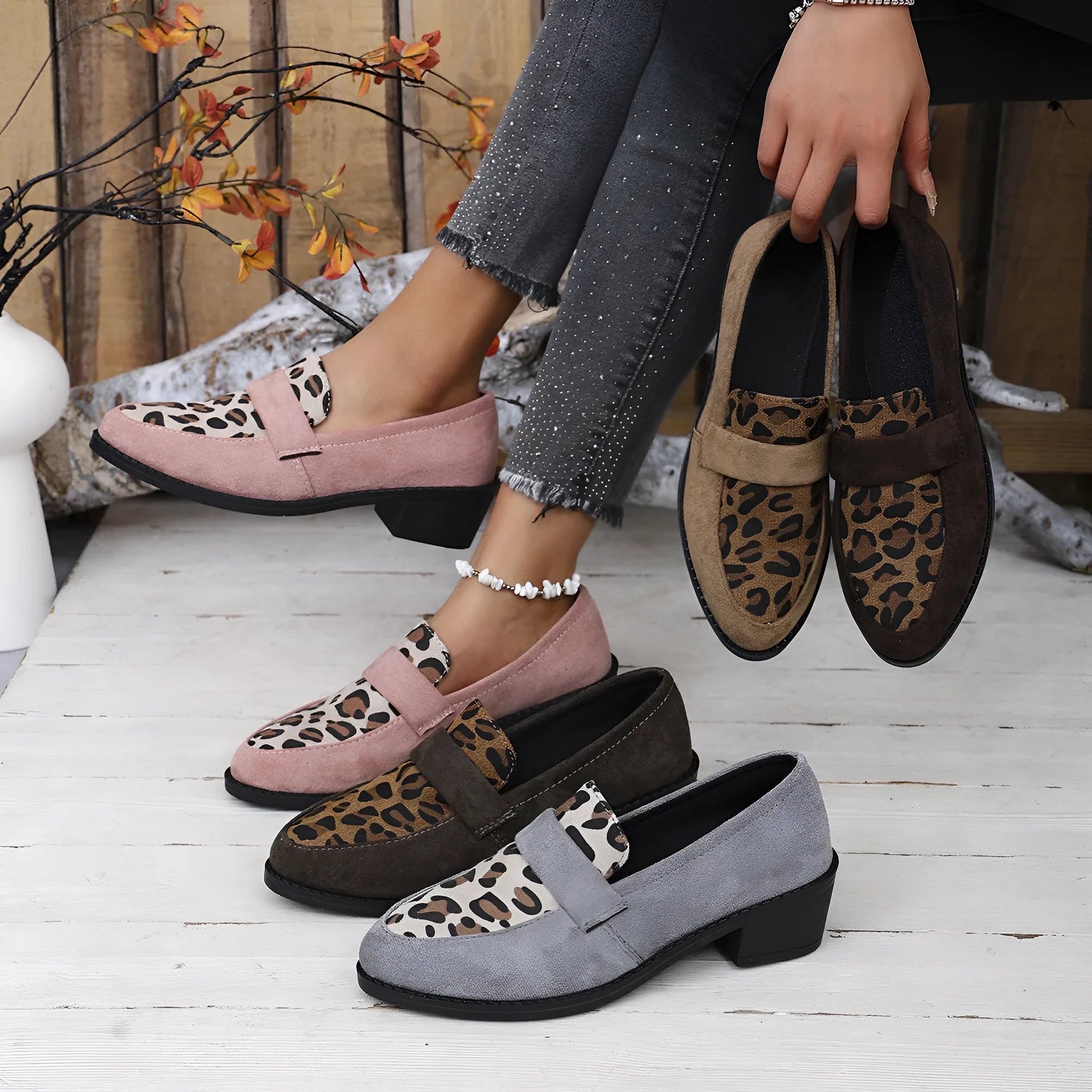 Leopard print slip-on suede shoes with chunky mid heel and pointed toe in brown colour