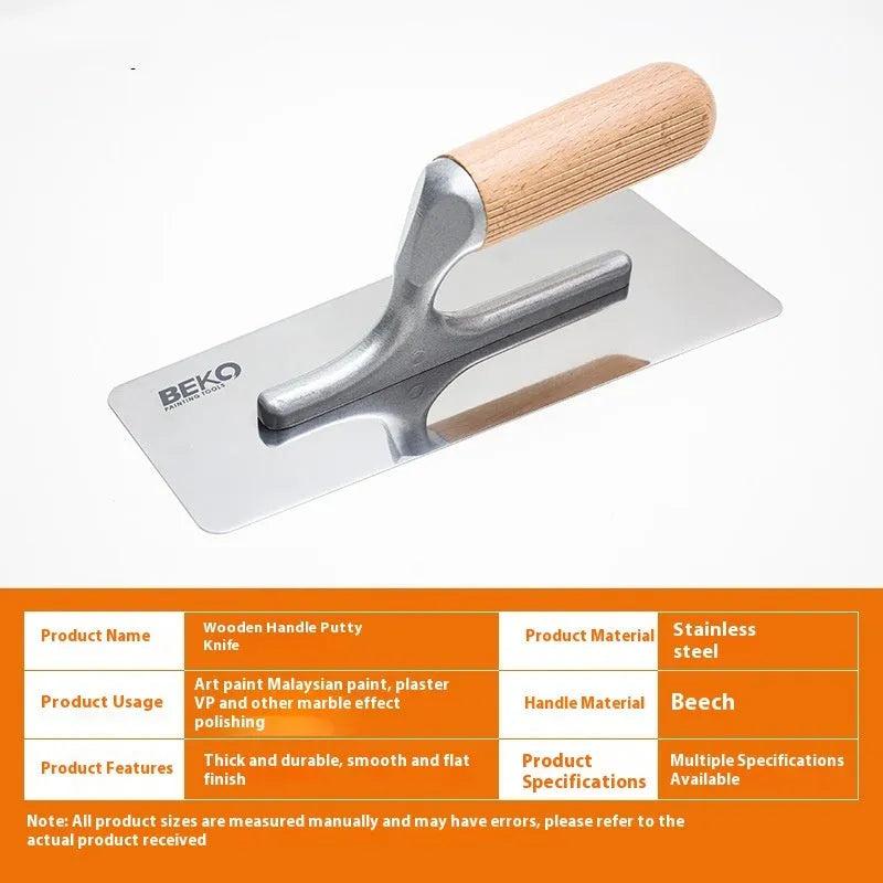 Stainless steel putty scraper with wooden handle in three blade size options