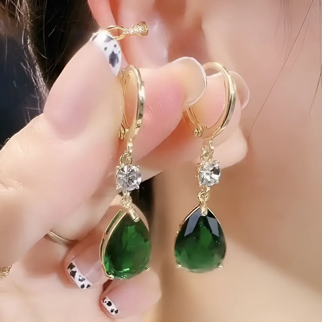 Green geometric teardrop alloy earrings with post back fittings