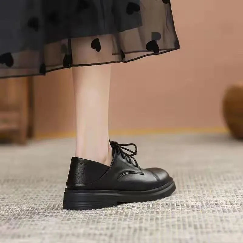 Slimming low heel British leather shoes for women, platform cross strap round toe, black and dark brown, sizes 35-40