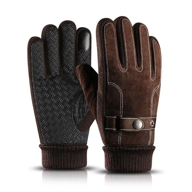 Men's warm genuine pigskin leather touch screen gloves in brown with fleece lining