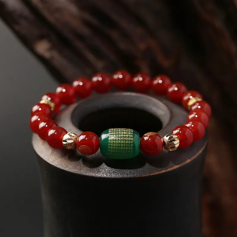 A new Chinese style agate Guanyin bracelet rosary with auspicious patterns, shown in green and red colour options.