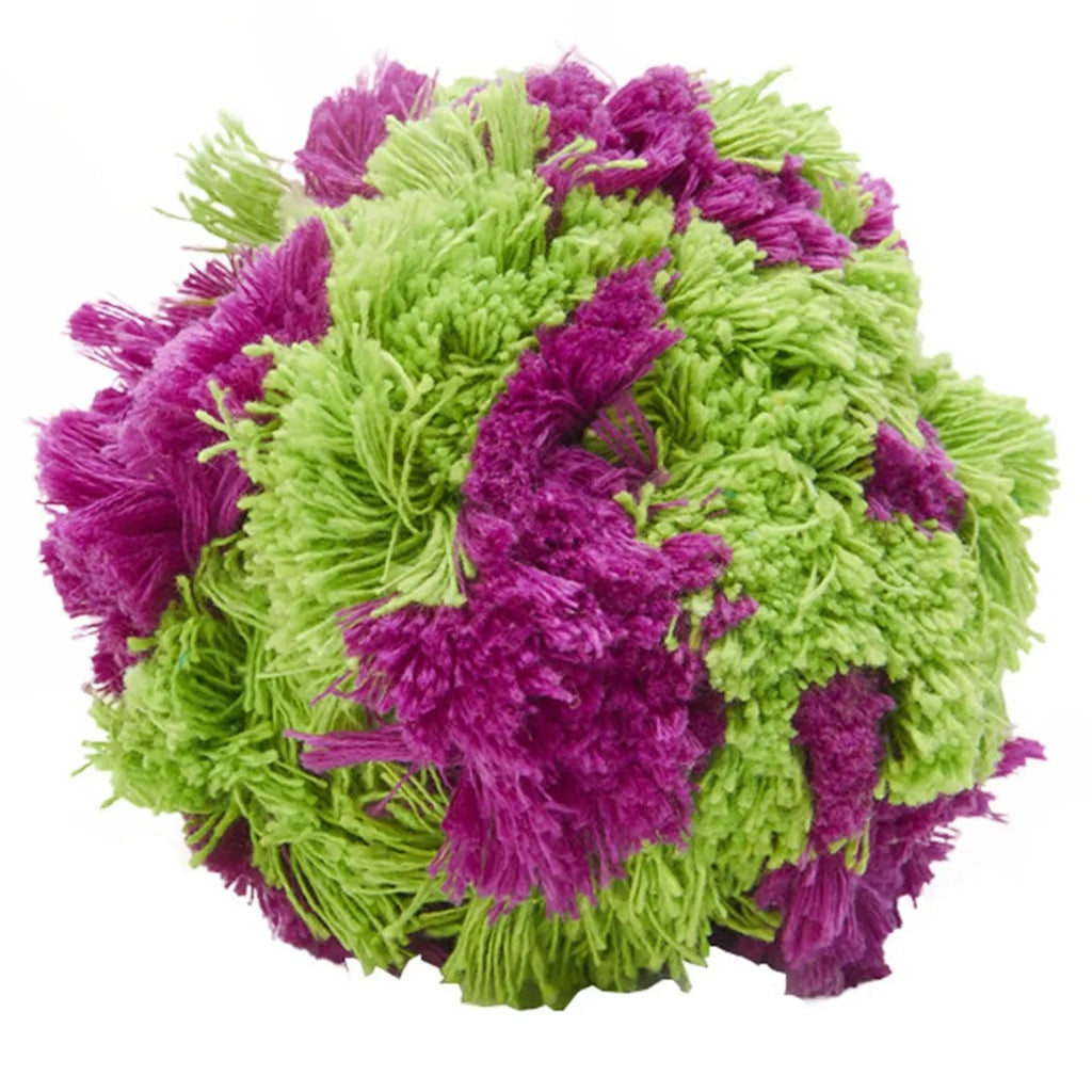 Purple plush dog ball toy with seaweed knots measuring 15cm diameter