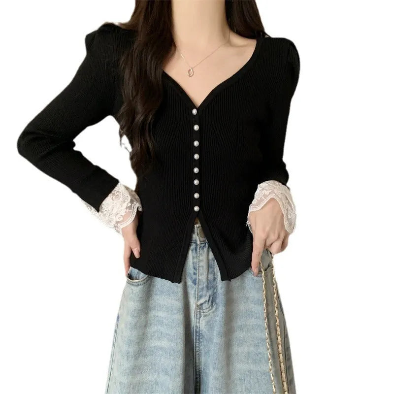 V-neck slim fit long sleeve top in mercerized cotton with lace stitching, shown in black, white, or brown, free size