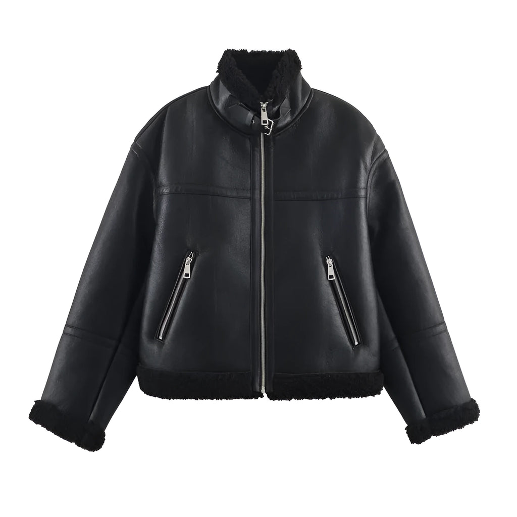 Women's black double-sided fleece jacket, medium thickness, PU fabric, sizes XS to L