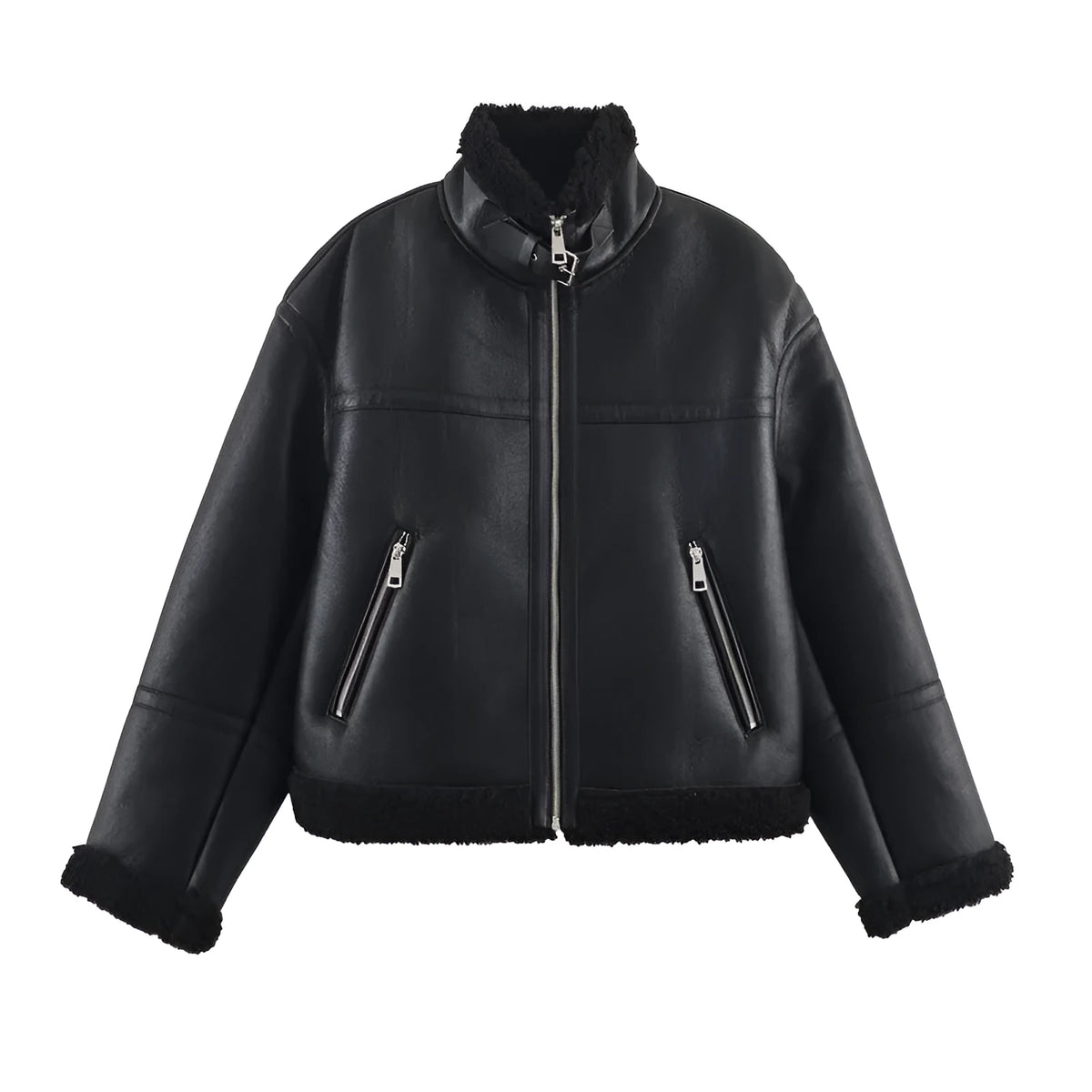 Women's black double-sided fleece jacket, medium thickness, PU fabric, sizes XS to L