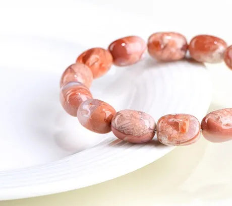 Natural cherry agate barrel bead bracelet with Ruyi elements and 10x14mm beads