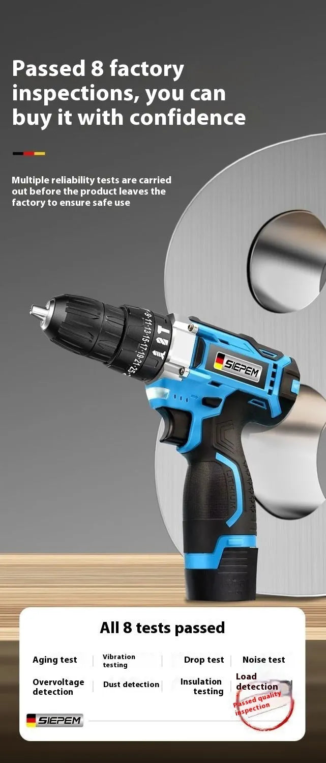 12V dual speed impact pistol drill and electric screwdriver set inside a grey plastic storage case.
