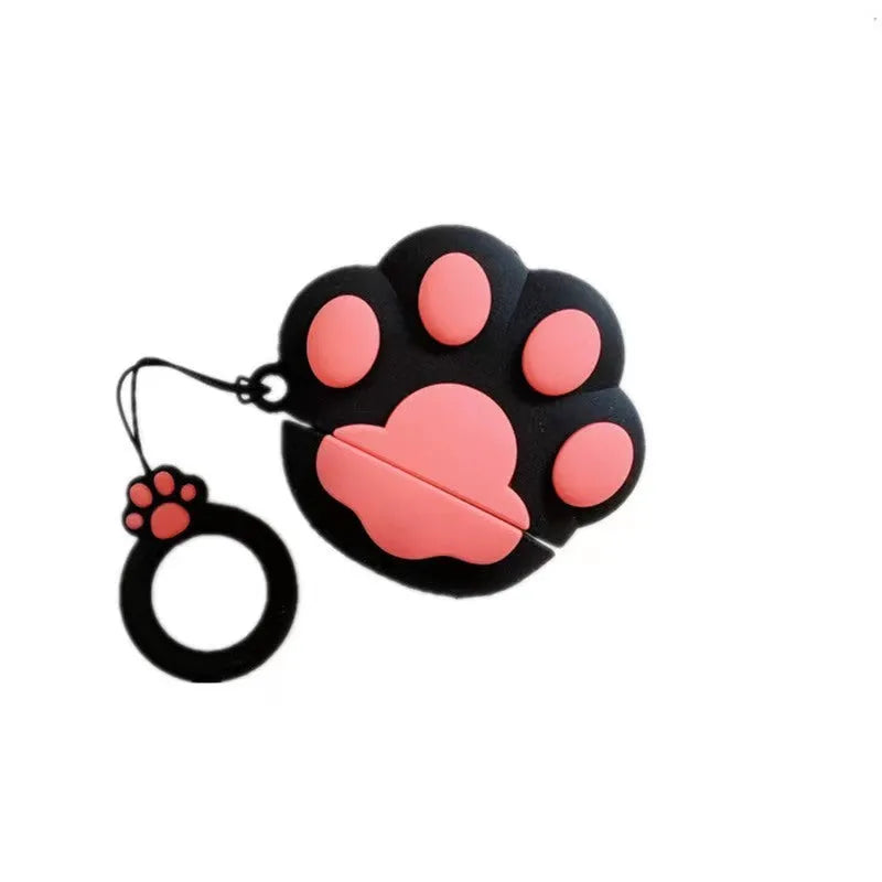 Cat's paw silicone earphone case for Apple AirPods, cute cartoon design, available in black, pink, or white.