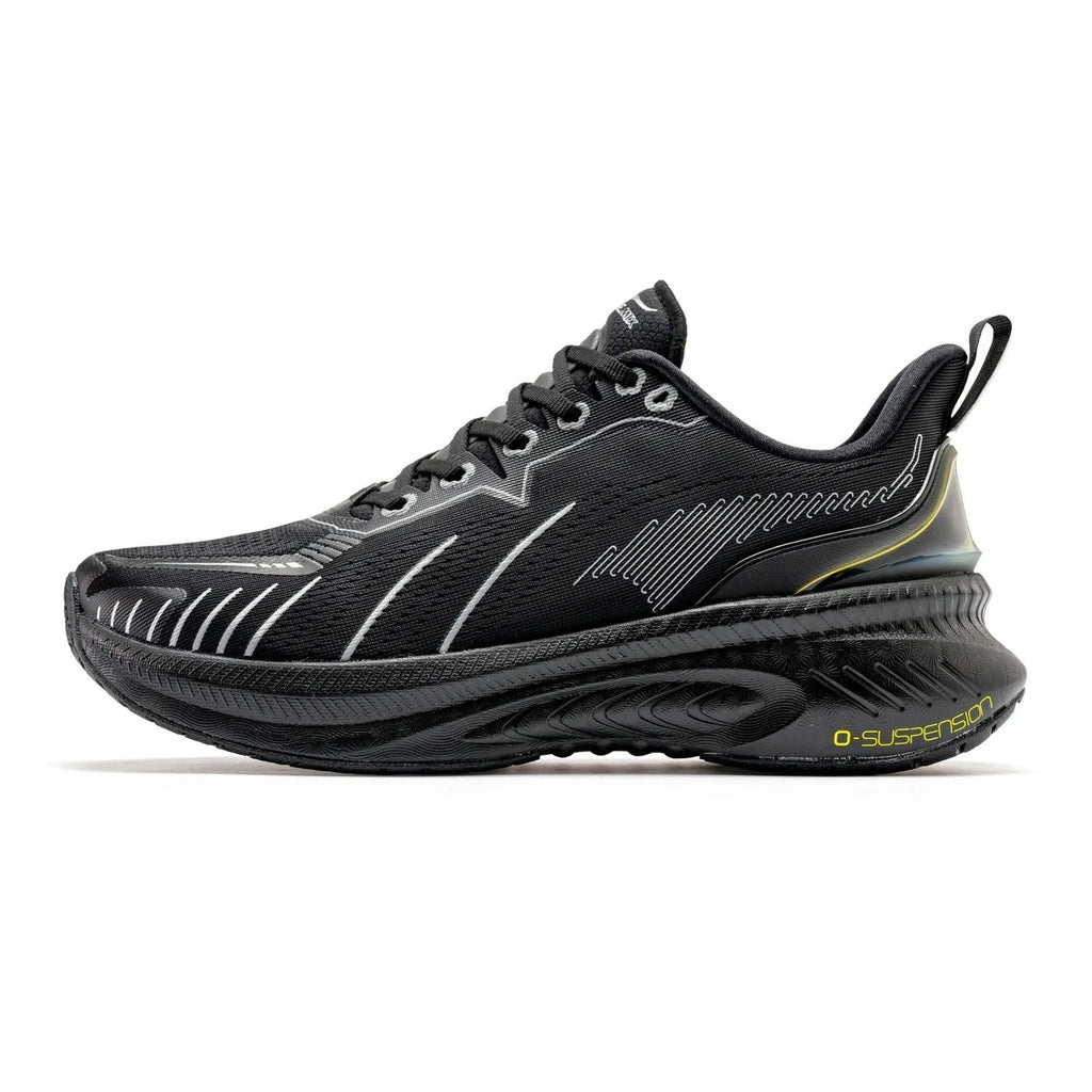 Low-top running sneakers with striped design, available in colours like red, black, and blue, showing rubber sole and mesh upper.