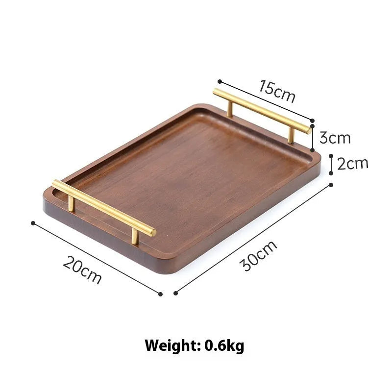Square bamboo tray with brown wooden handle for restaurant and cafe service