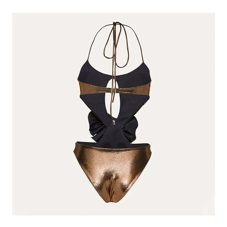 Gold handmade one-piece swimsuit with hollow out halter neck design