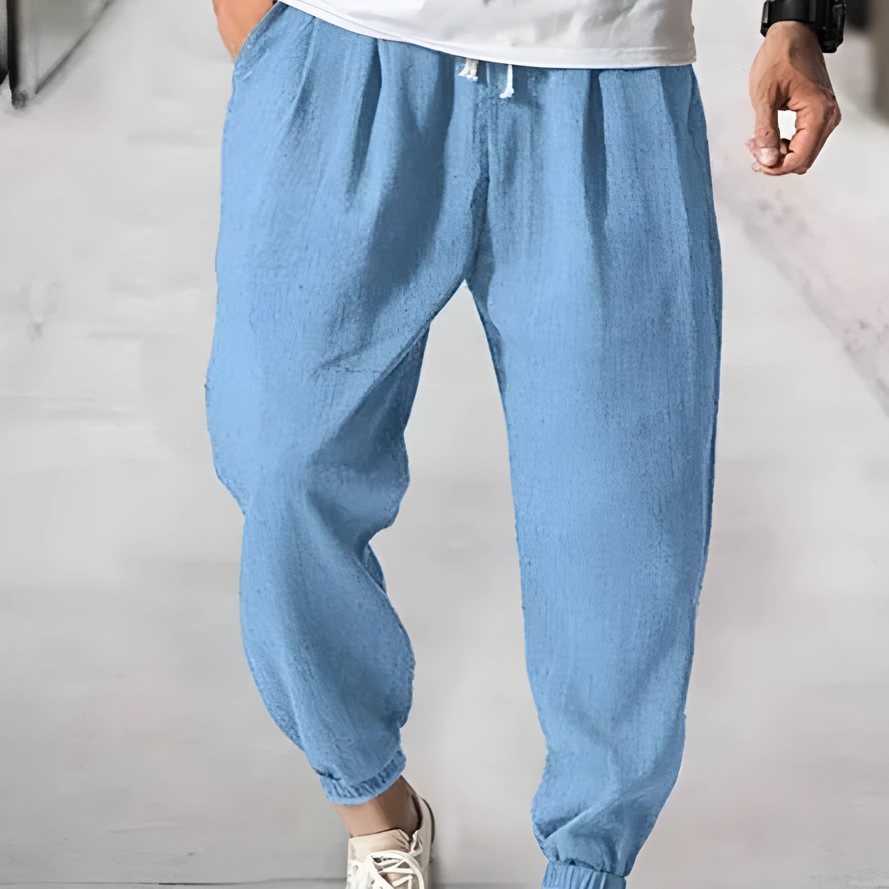 Men's casual cotton summer pants with elastic waistband and banded ankle cuffs in various colours