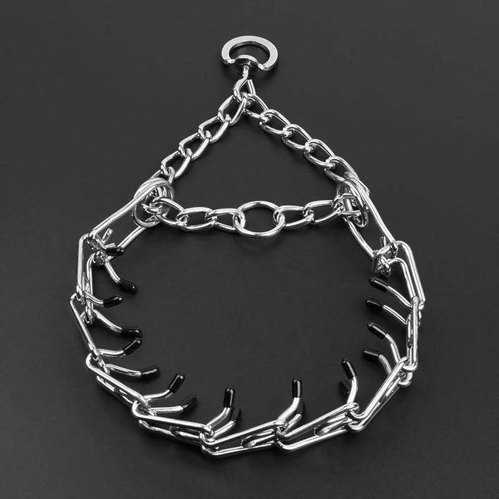 Stainless steel dog training prong collar with rubber tips, showing adjustable chain links.