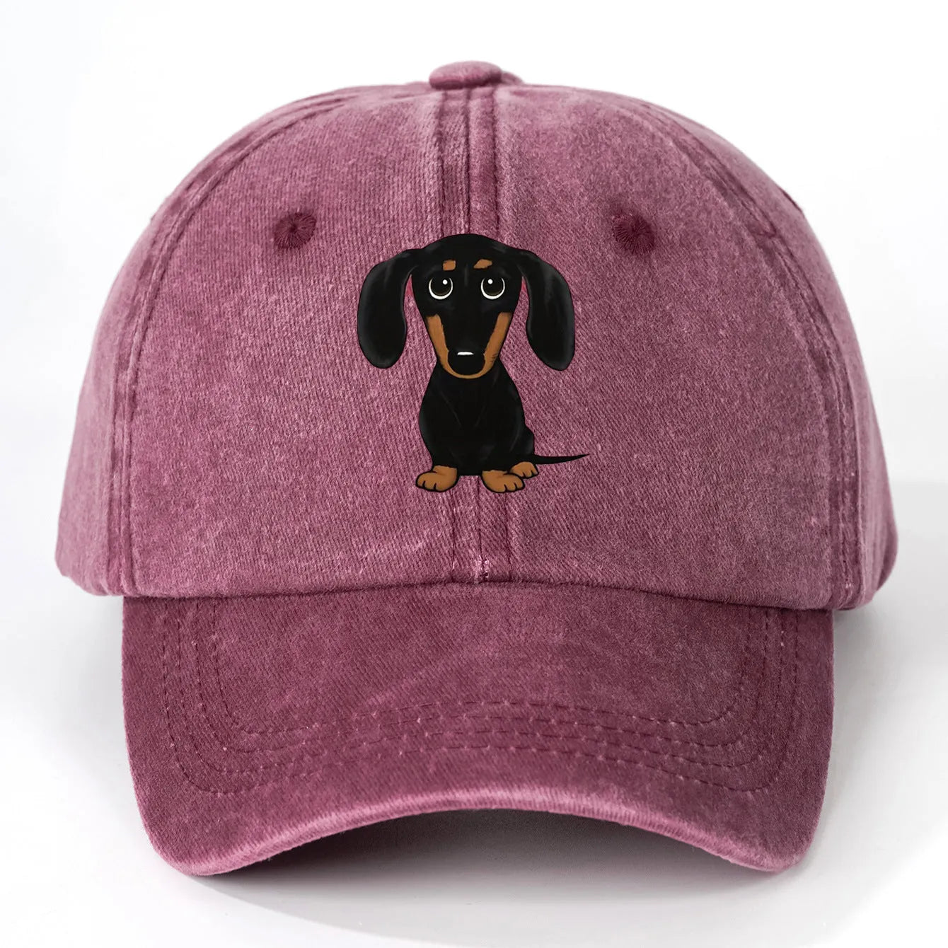 Retro washed cotton baseball cap with dachshund embroidery, dome crown and peaked brim